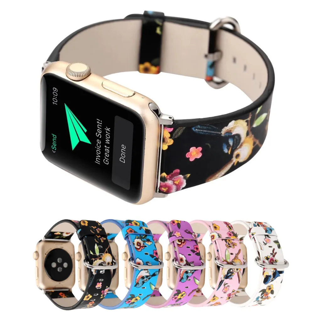 Ремешок кожаный для Apple watch band 40 мм 44 Цветочный браслет iWatch 42 мм/38 series 3 4 5 se 6|leather