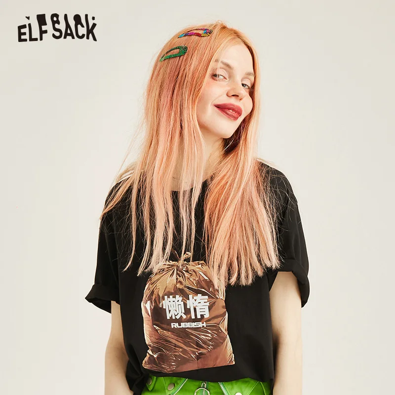 ELF SACK/черные хлопковые женские футболки с круглым вырезом и принтом, модные корейские женские топы оверсайз, летняя Уличная Повседневная женская футболка