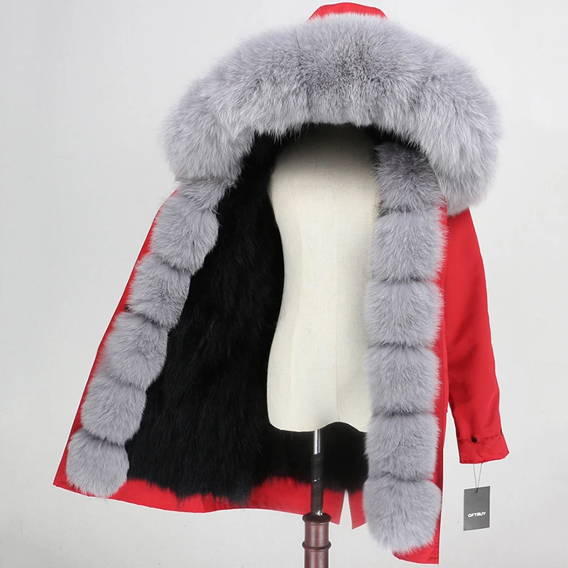 red black grey OFTBUY, водонепроницаемая парка, пальто из натурального меха, натуральный Лисий мех, капюшон, зимняя куртка для женщин, съемная верхняя одежда, уличная одежда, роскошная теплая - Цвет: red black grey