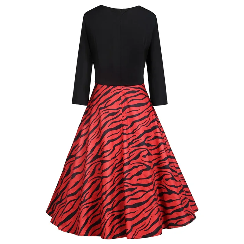 HeyGalSing Women Vintage Print Patchwork Dress 2018 Winter New Round Neck 3/4 Sleeve Swing Midi Elegant Party | Женская одежда