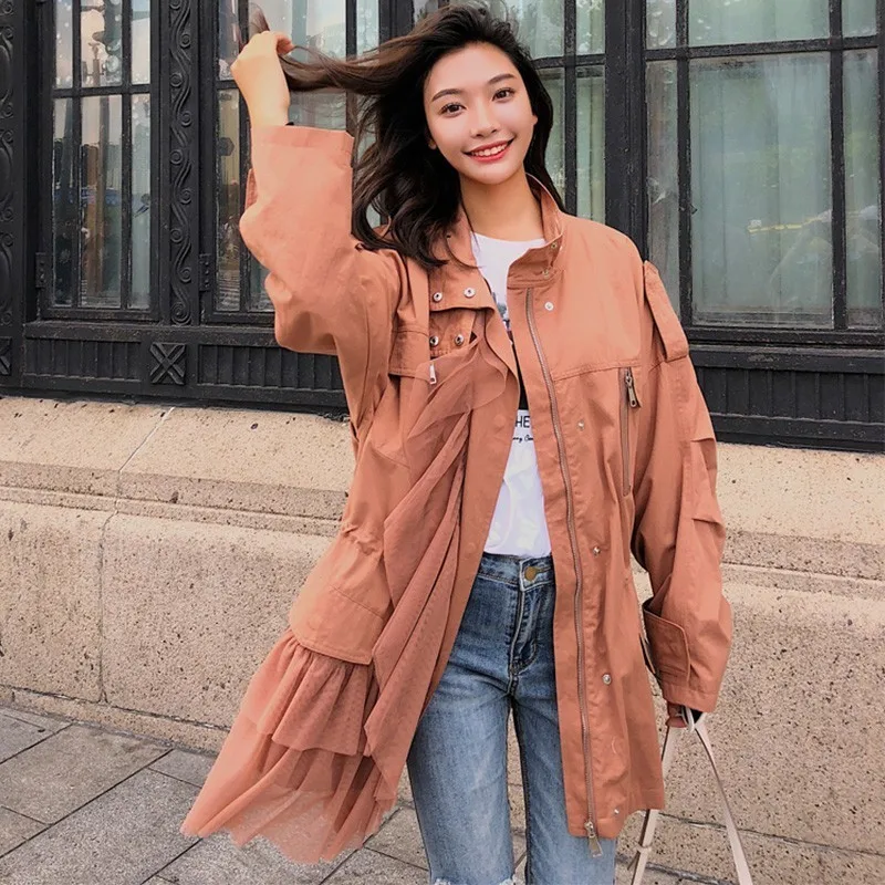 TWOTWINSTYLE Patchwork Mesh Windbreaker Coats Women Long Sleeve Trench Coat Female Casual Tops 2018 Autumn Big Sizes New | Женская