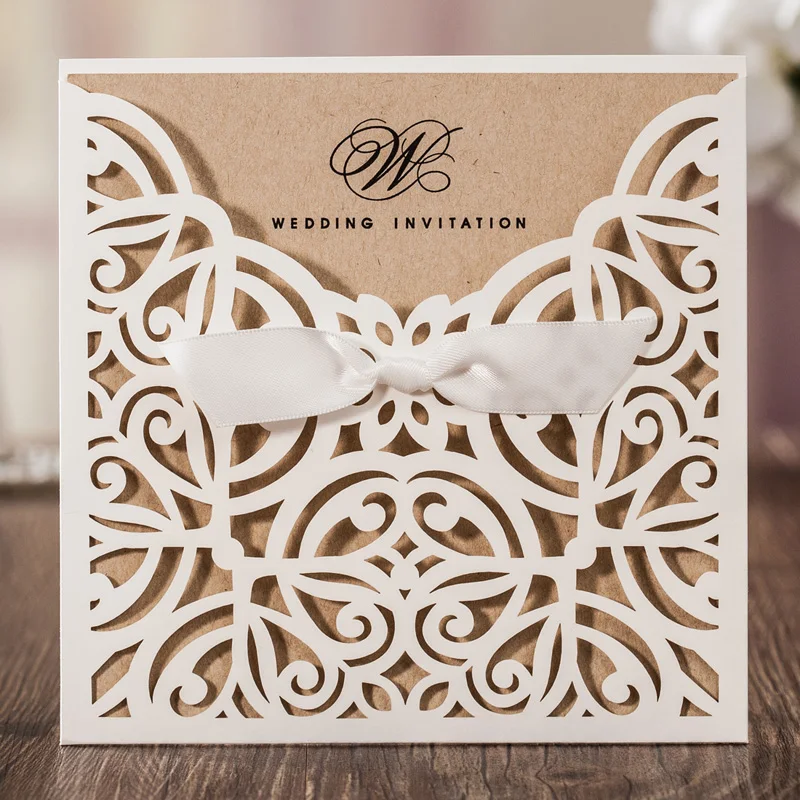 

25pcs/lot White Square Laser Cut Wedding Invitations Kits with Bowknot Paper Cardstock for Birthday Cards Party Favors CW6179W