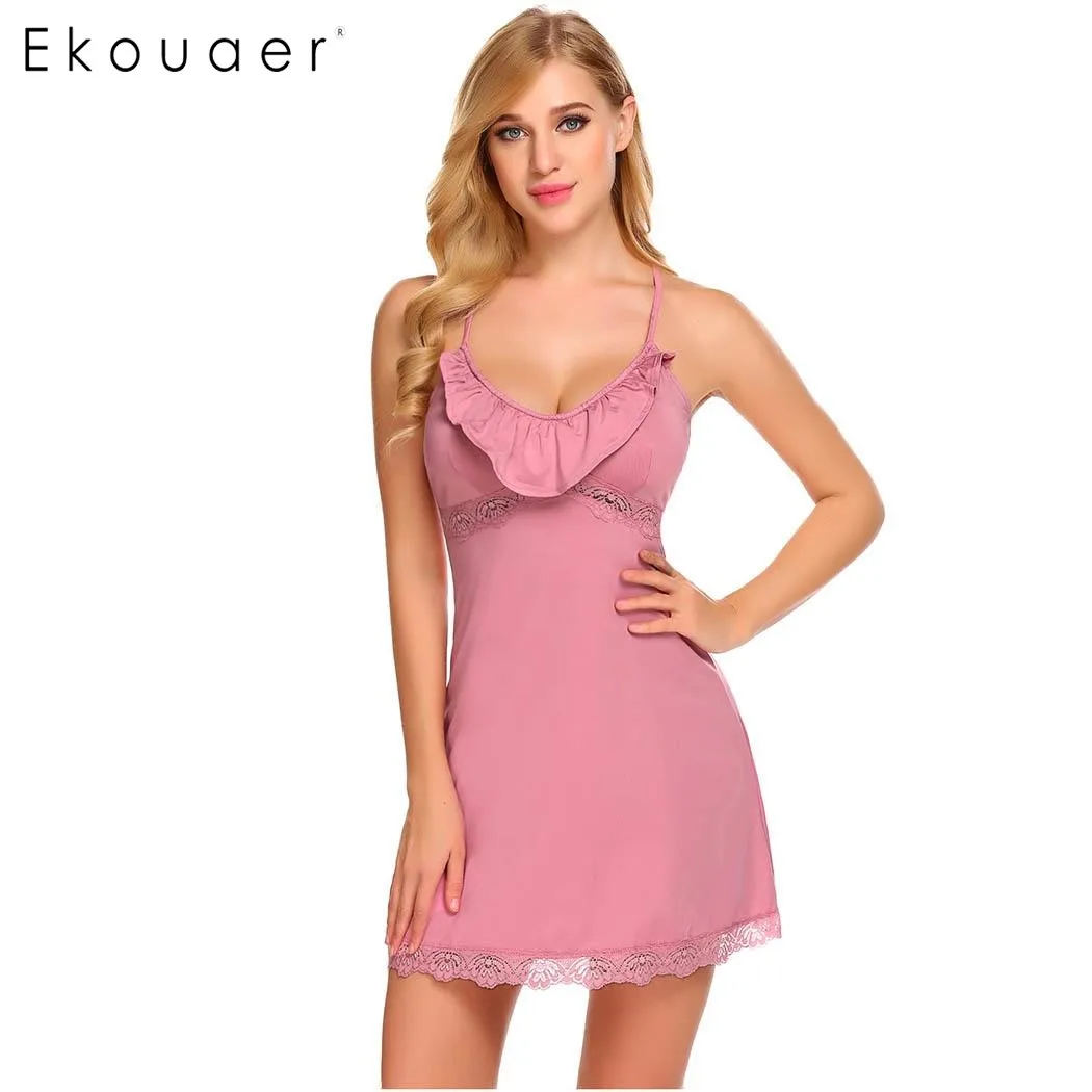 Ekouaer женское сексуальное летнее кружевное Ночное платье с оборками и