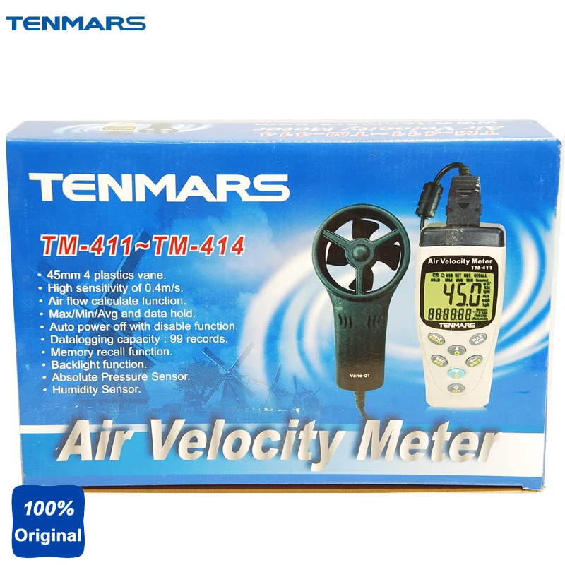 

Анемометр 0,4 ~ 45 м/с измеритель скорости воздуха Температура 99 запись TENMARS TM412