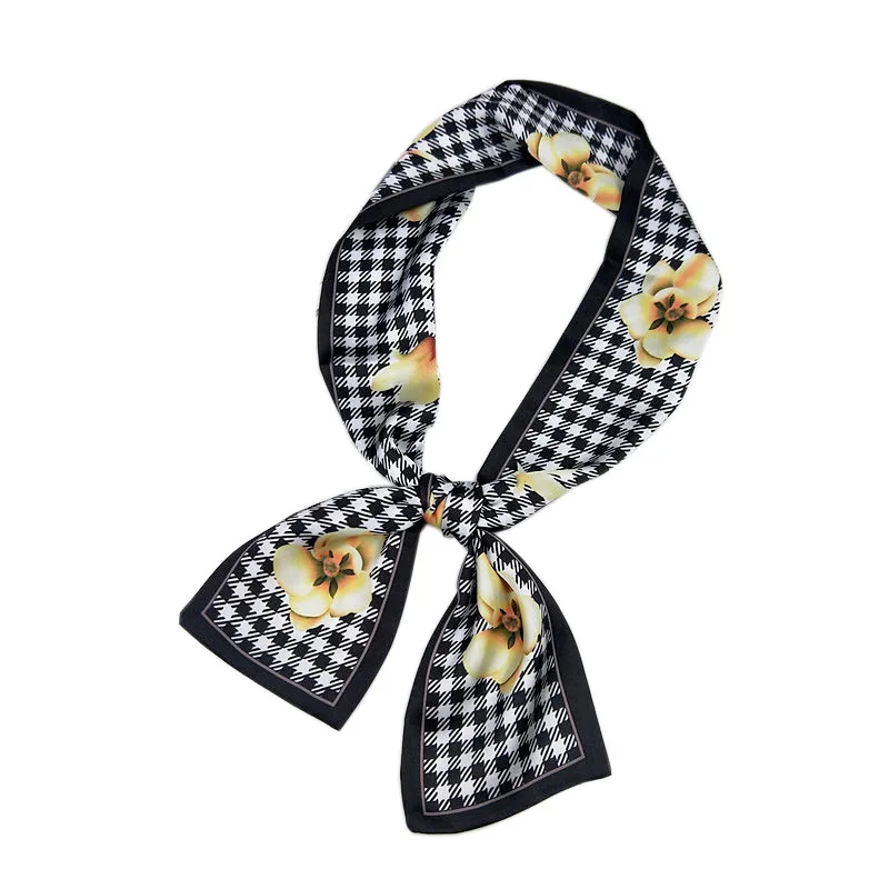 Spring Summer Retro Skinny Scarf Women Multicolor Flower Design Print Kerchief Woman Head Neck Satin Scarves Wraps | Аксессуары для