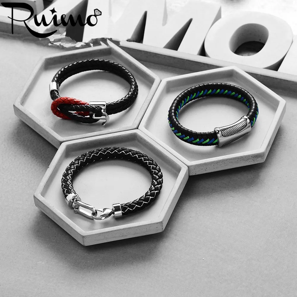RUIMO из натуральной кожи Плетеные мужские браслеты 316L из нержавеющей стали простой стиль Браслет-манжета для мужчин Магнитная застежка мужские браслеты