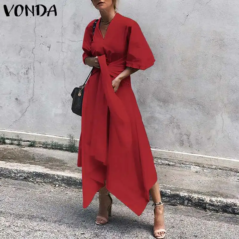 VONDA модное летнее платье размера плюс, длинное платье макси, женское сексуальное асимметричное платье с коротким рукавом и высокой талией, винтажные вечерние платья