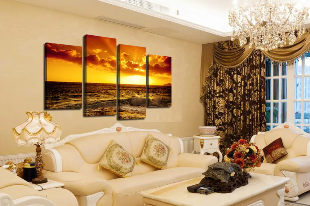 4 панели без рамки красивый закат морская волна большая картина HD Современный