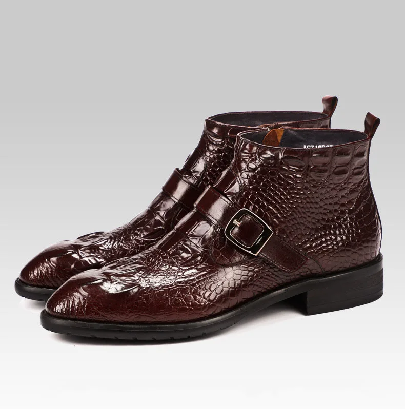 Бордовый QYFCIOUFU Handmade Hot Crocodile Pattern Mens Dress Boots Fashion Buckle Chelsea Ankle Genuine Leather Men Casual Boots - Цвет: Бордовый