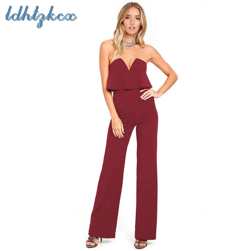 

Jumpsuit Women Red Sexy Strapless Off The Shoulder Jumpsuit 2019 New Spring Summer Blue V Neck Long Slim Jumpsuit Feminina CX746