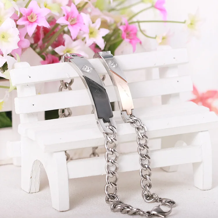 316L Stainless Steel Couple Bracelets For Men And Women Wholesale Love's Rose Gold&ampBlack Bracelet With Shiny CZ Stone 1 PCS |