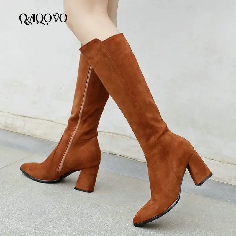 

Women Winter Knee High Boots Flock Leather Sqaure High Heels Zipper Boots Fashion Pointed Toe Spring Autumn High Boots Shoes