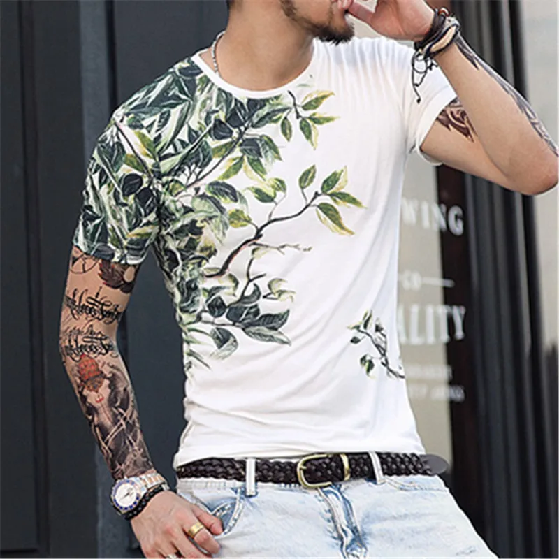 Мужская хлопковая футболка с коротким рукавом цветочным принтом|tees brands|fitted t