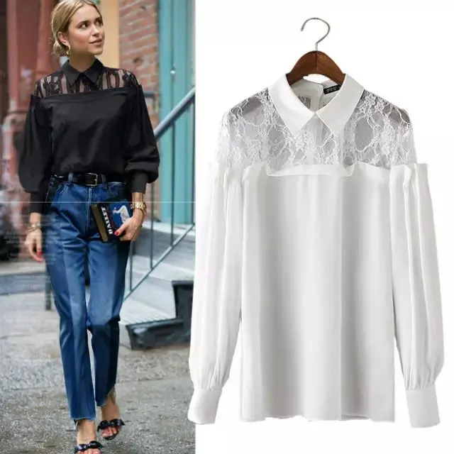 Новая коллекция весна женщины шифон блузки Lattern рукава рубашки кружева шить