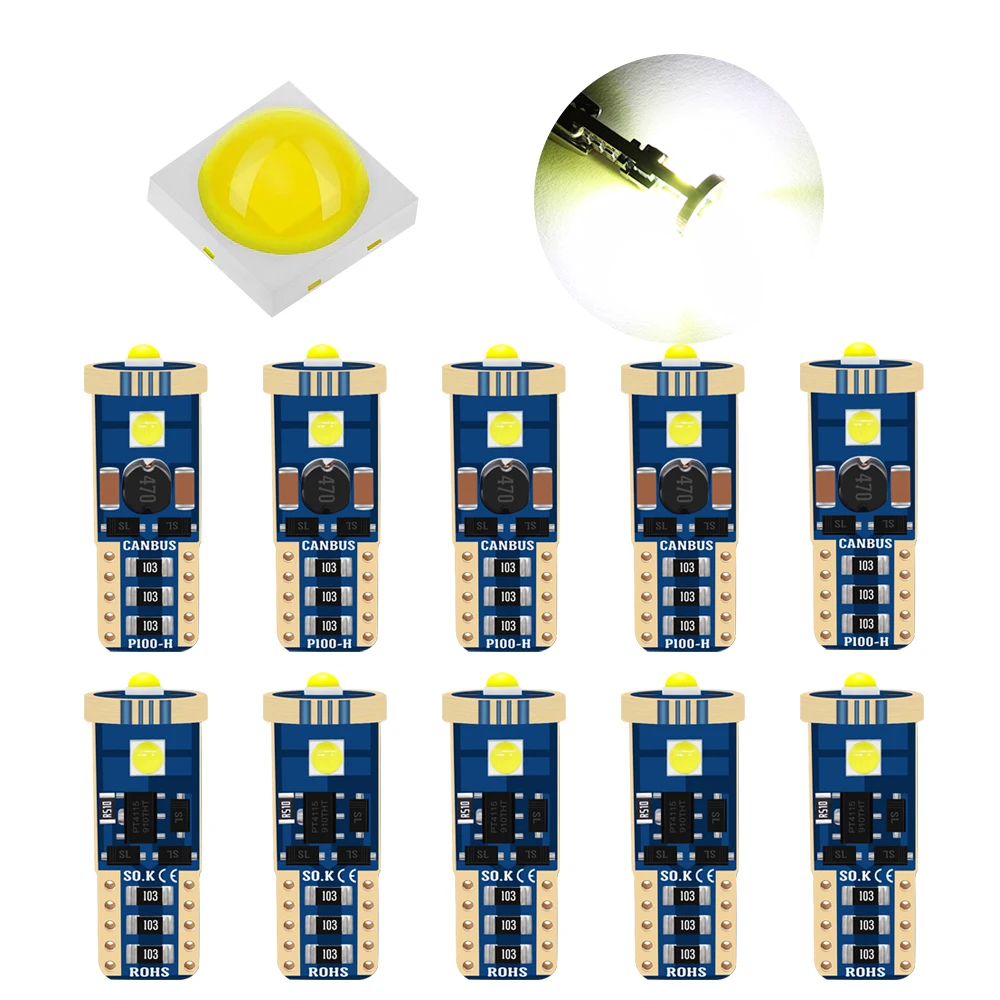 

10pcs T10 W5W LED Bulbs 168 192 CANBUS 3030 SMD White Lamp Car Auto Interior Dome Reading Light Trunk License Plate Lights 12V