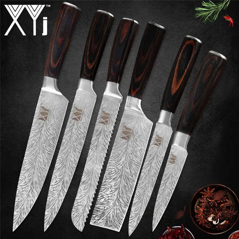 D.6pcs set XYj 8 шт. набор ножей из нержавеющей стали дамасский узор острый 7cr17 лезвие Нескользящая деревянная ручка мясной нож шеф-повара кухонный аксессуар - Цвет: D.6pcs set