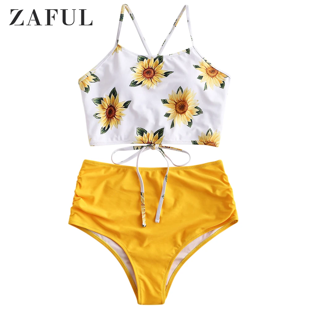 ZAFUL, бикини, с рюшами, Подсолнух, с накладным слоем, танкини, набор, с вырезами, на тонких бретелях, купальник для женщин, сексуальный купальник, пуш-ап, бикини для женщин - Цвет: Bright Yellow