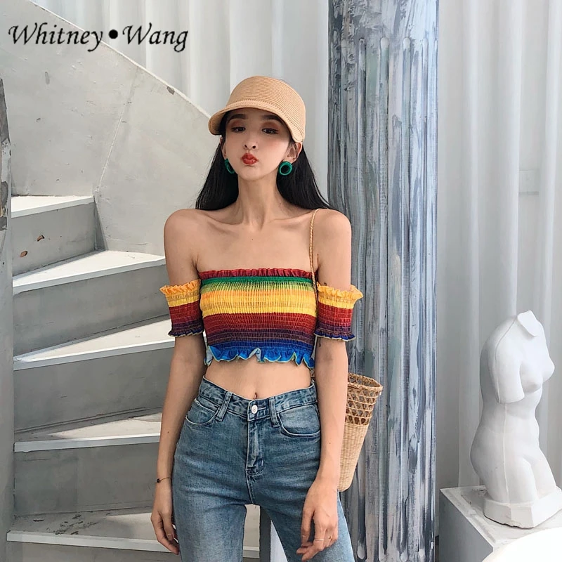 WHITNEY WANG 2019 Летняя мода Уличная Сексуальная Слэш шеи Радуга эластичные короткие