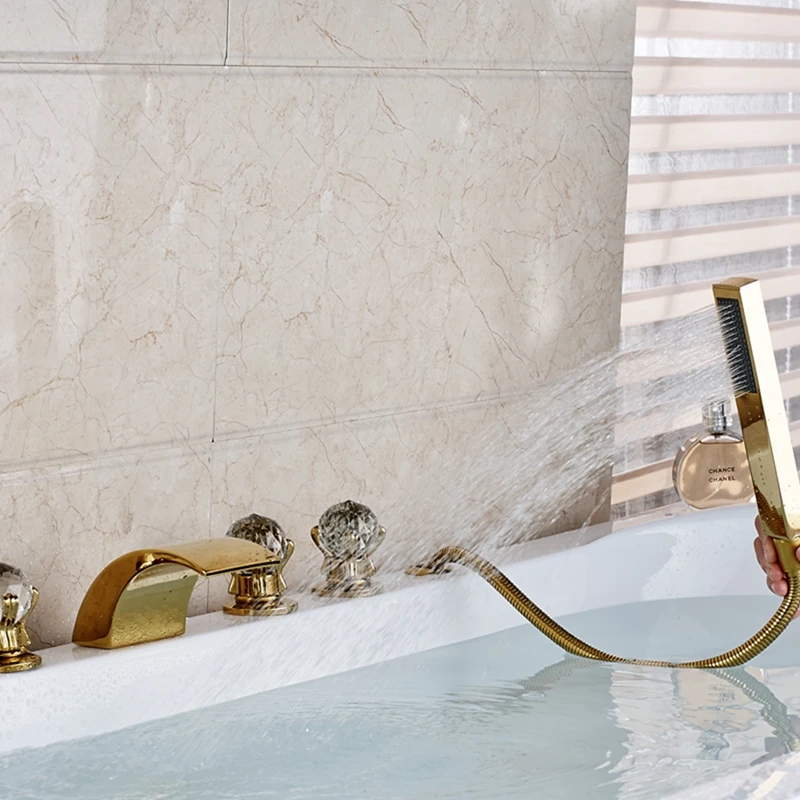 Широкий золотистый латунный Смеситель для ванны с носиком водопада ручным