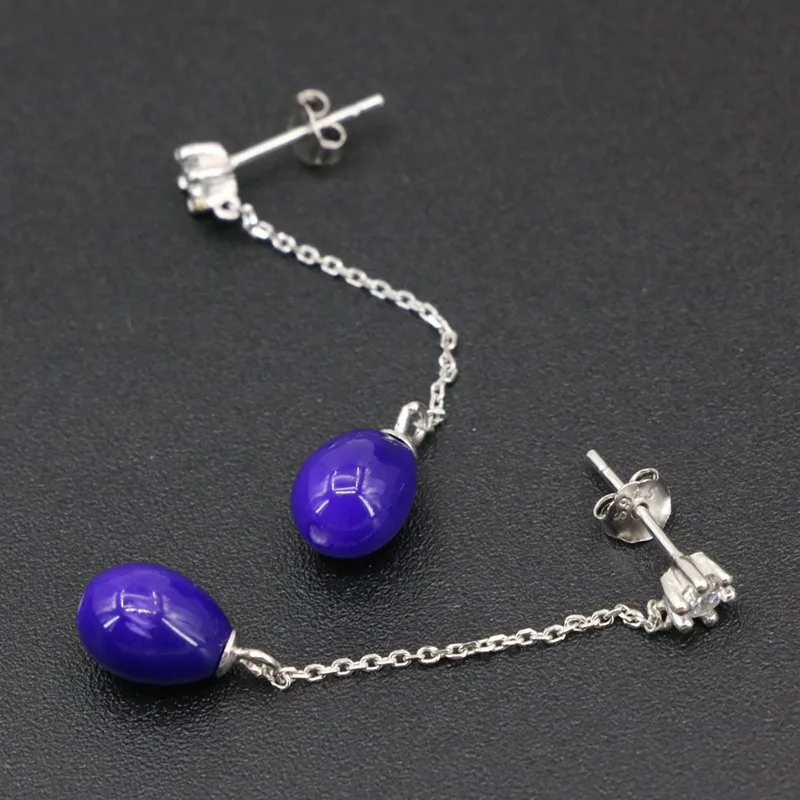 Pure Sterling Dangle Earring For Women 7x9mm Purple Baking Paint Glass Beads Long Drop Earrings Jewelry 4cm B3439 | Украшения и