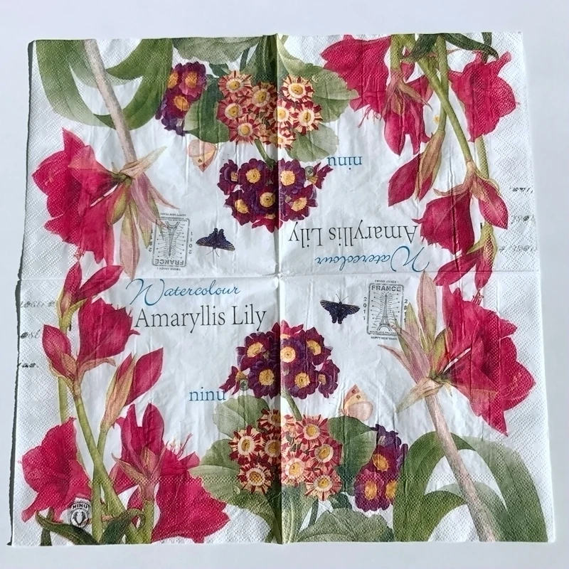 Акварельные бумажные салфетки с рисунком лилии для свадьбы 33*33 см 2 слойные