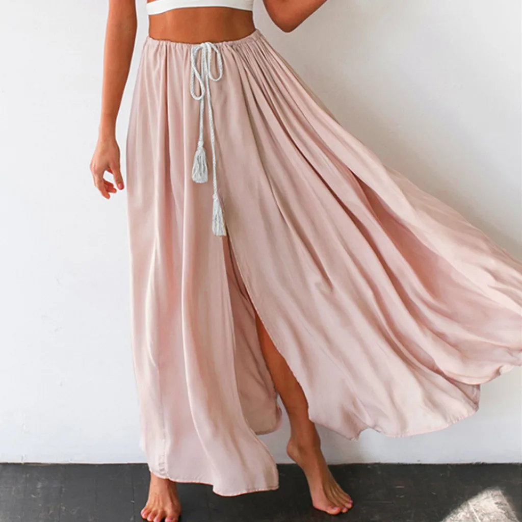 Женская длинная шифоновая юбка BOHO однотонная с высокой талией W425 лето осень