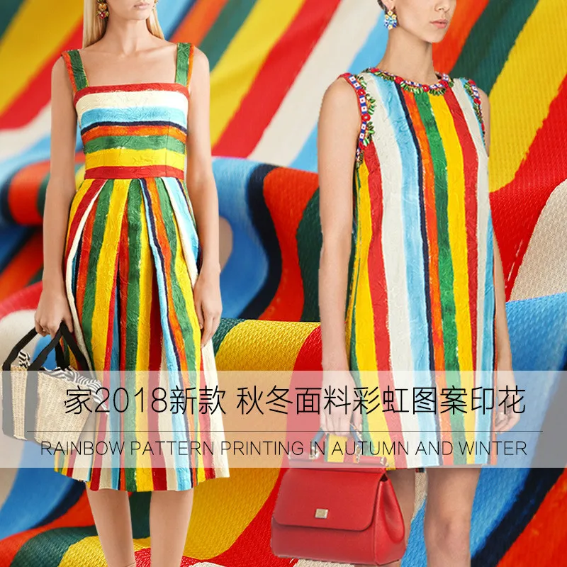 

Hot sale rainbow stripe pattern woollen fabric advanced digital printing polyester fashion fabric dress shirt custom wholesale