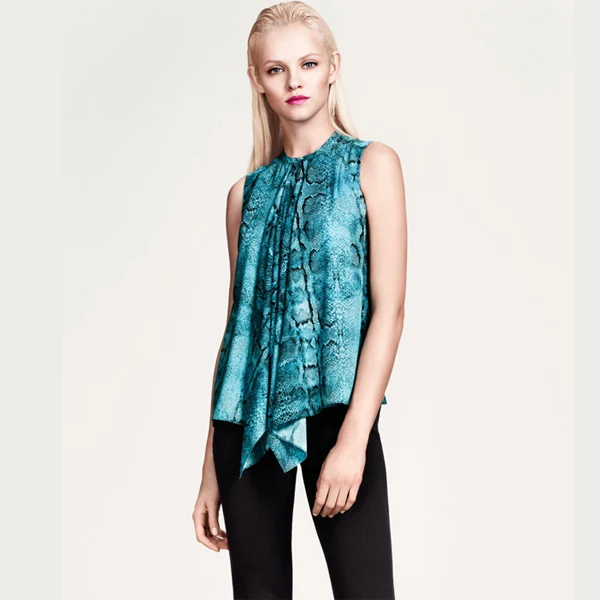 haoduoyi 2014 new fashion high street designer Front invisible button blue serpentine pattern chiffon sleeveless shirt blouse|shirt blouses|blouse