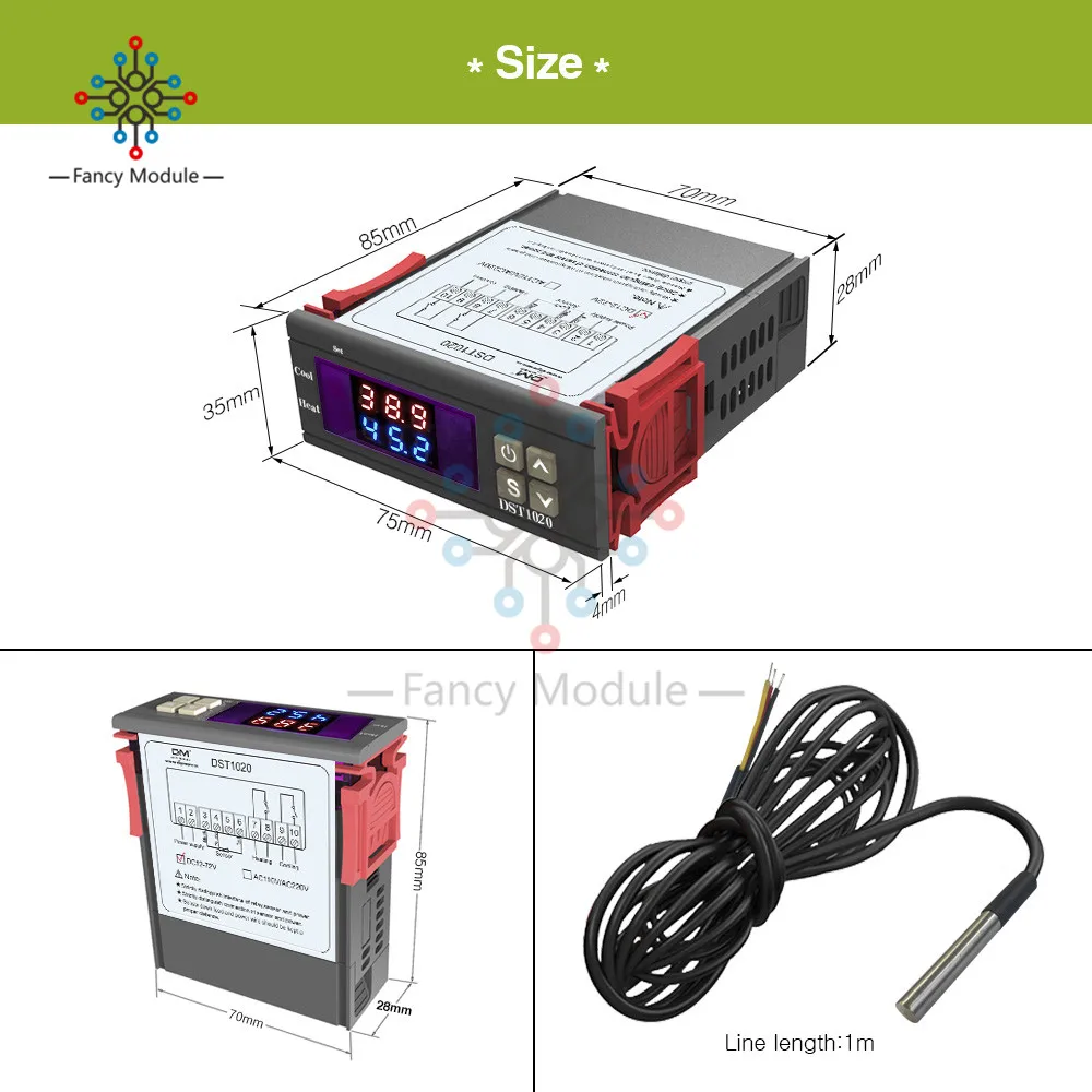 DST1020 DC12V 72 V двойной дисплей цифровой регулятор температуры контроль термостат