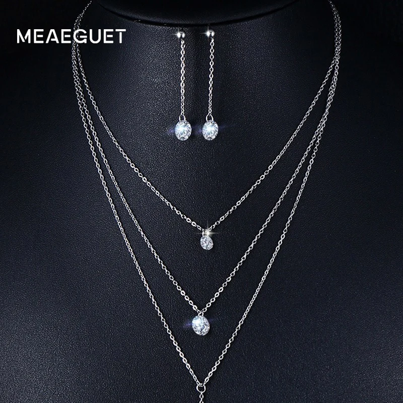 Meaeguet, многослойное CZ длинное ожерелье, ювелирные наборы для женщин, нержавеющая сталь, Бар CZ, серьги-капли+ цепочка, ожерелье, ювелирный набор