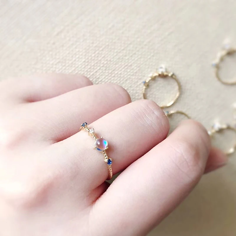Женское кольцо с лунным камнем Aazuo 18 K желтое золото тонкая цепь любви | Украшения