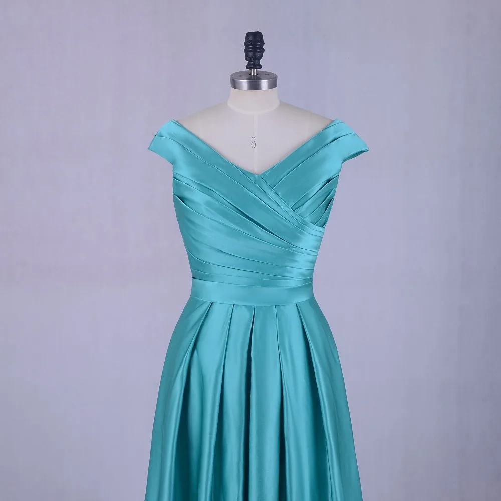 Turquoise Long Evening Party Dress 2018 Robe De Soiree V Neck Elegant Women Formal Prom Dresses Floor Length Satin Cap Sleeves | Свадьбы и