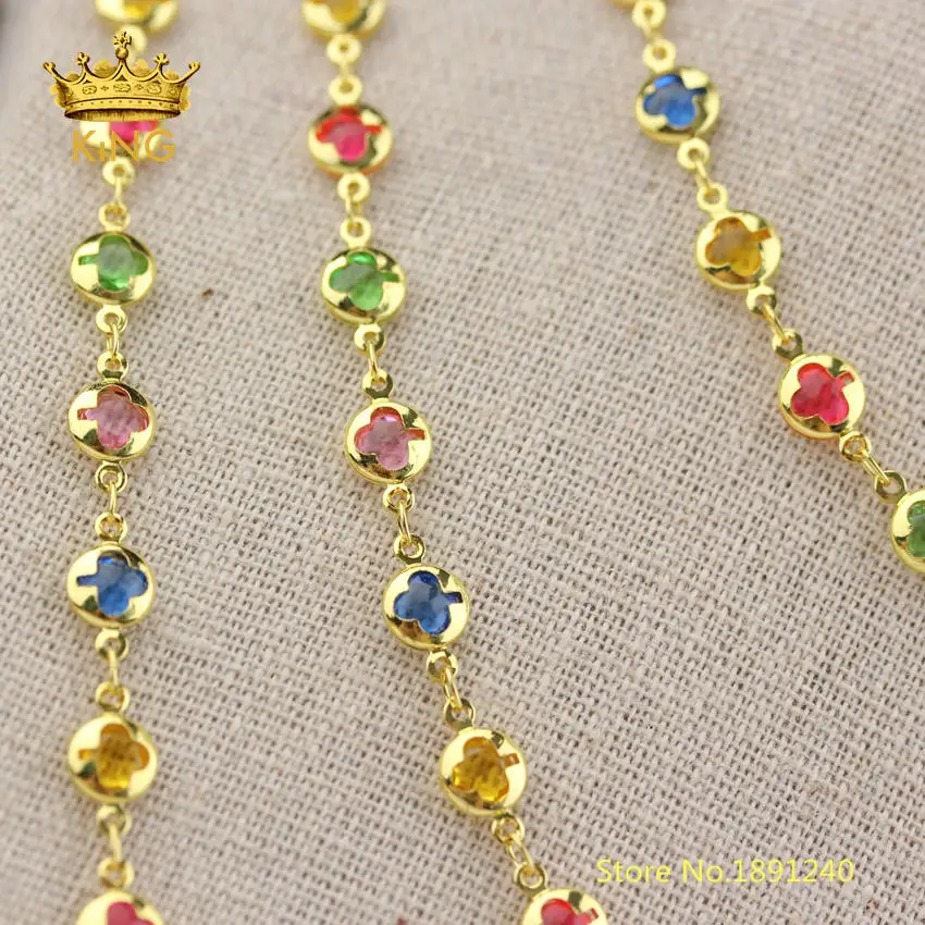 

5meter 6mm Mixed-color Glass Coin Beaded Chain Crafts Chokers,Flower Glass Plated Gold Copper Connectors Glass Chains ZJ279
