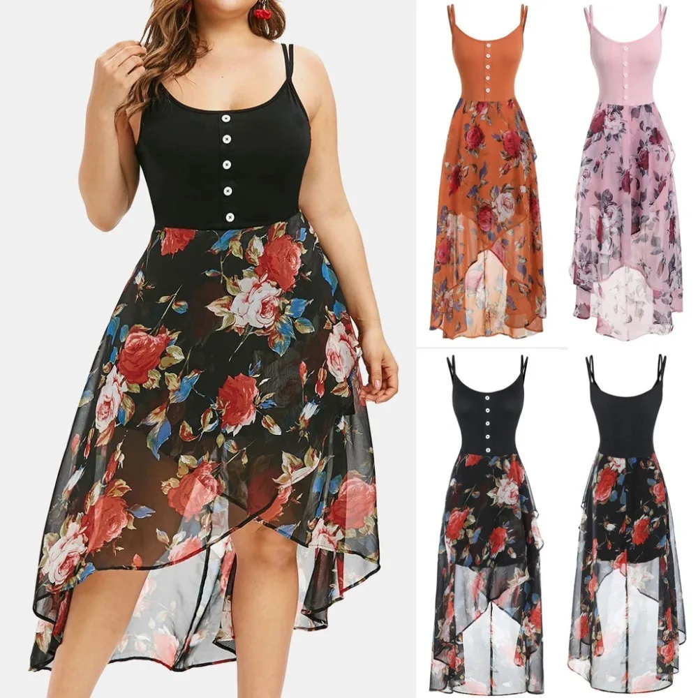 New Hot Sale Clothes Women Plus Size Dresses Sleeveless Buttons Floral Print Overlay Fashion High Low Beautiful Dress Ad
