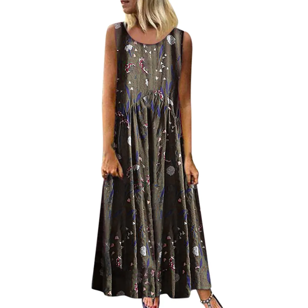 Женское летнее платье льняное свободное свободного размера плюс с круглым