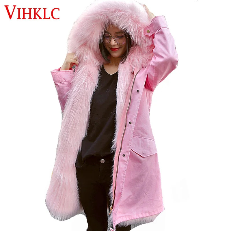 Высокое качество Новинка 2017 года зимняя куртка Для женщин большой енота модные