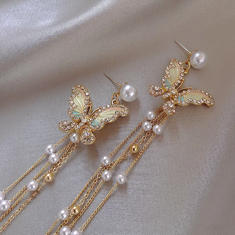 

Butterfly Tassel Earrings Exaggerated Fashion Elegant Ladies Long Earrings Imitation Pearl Earrings Jewelry Gifts