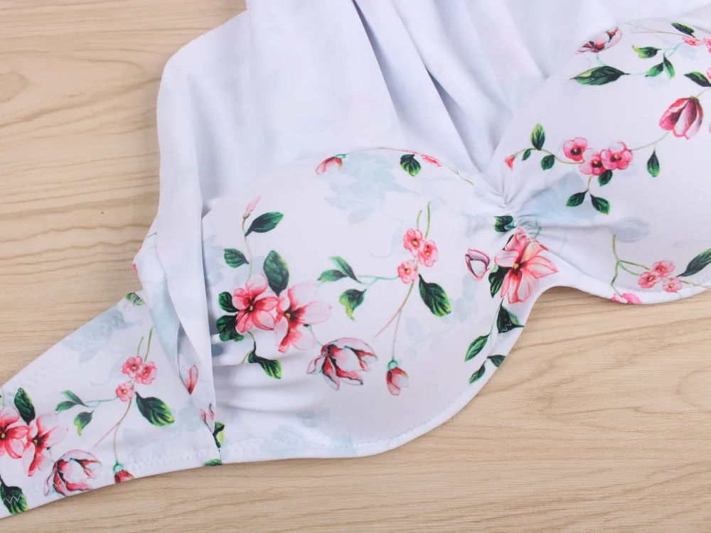 Женский сетчатый купальник-бикини с высокой горловиной и оборками Цветочный