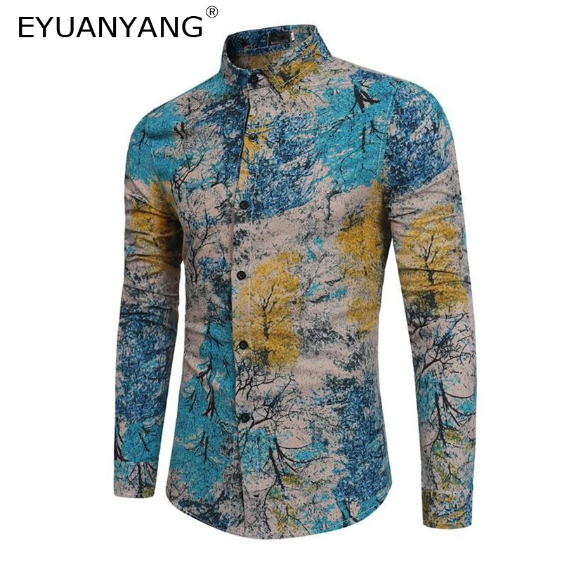 EYUANYANG мужская одежда 2018 с длинным рукавом Гавайская рубашка Camisa Masculina модная