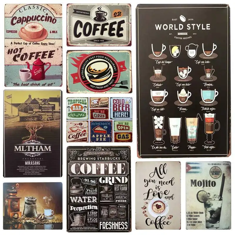 

30X20cm Vintage Metal Tin Signs Wall Art Plate Drink Coffee Metal Poster Bars Kitchen Pub Cafe Wall Decor Retro Wall Sticker