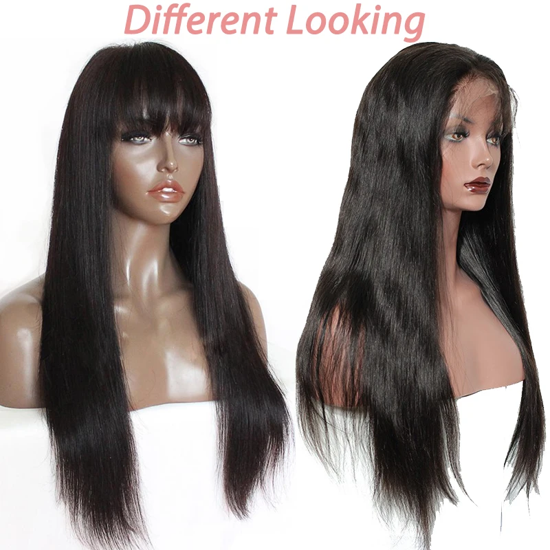 Парики из человеческих волос на сетке спереди с челкой прямые 13X6 предварительно