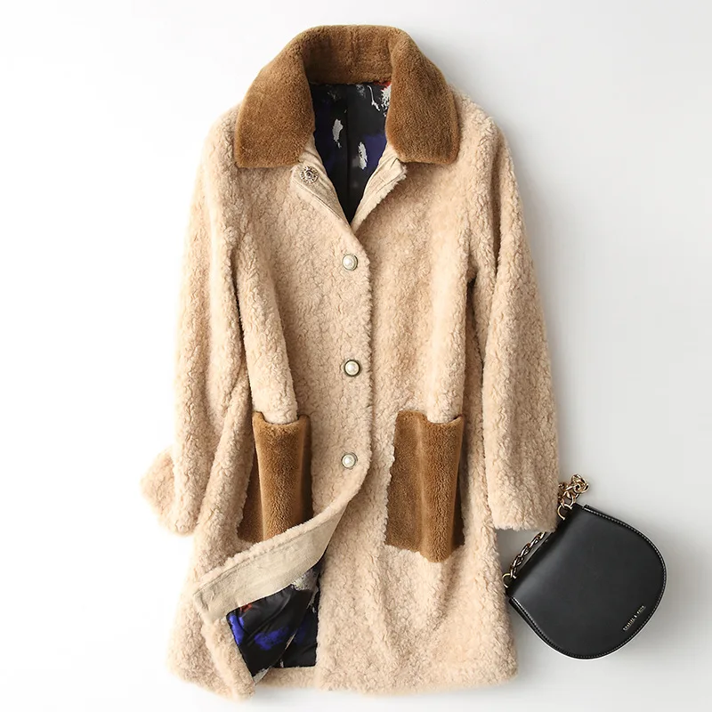 2018 New Girls Winter Real Fur Coat One Lamb Long Paragraph L Collar Sheep Shearing Thick Warm Slim Jacket LE333 | Женская одежда