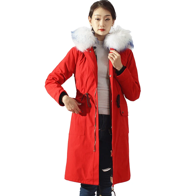 Роскошный мех норки парки на подкладке Женская длинная куртка с капюшоном молнии