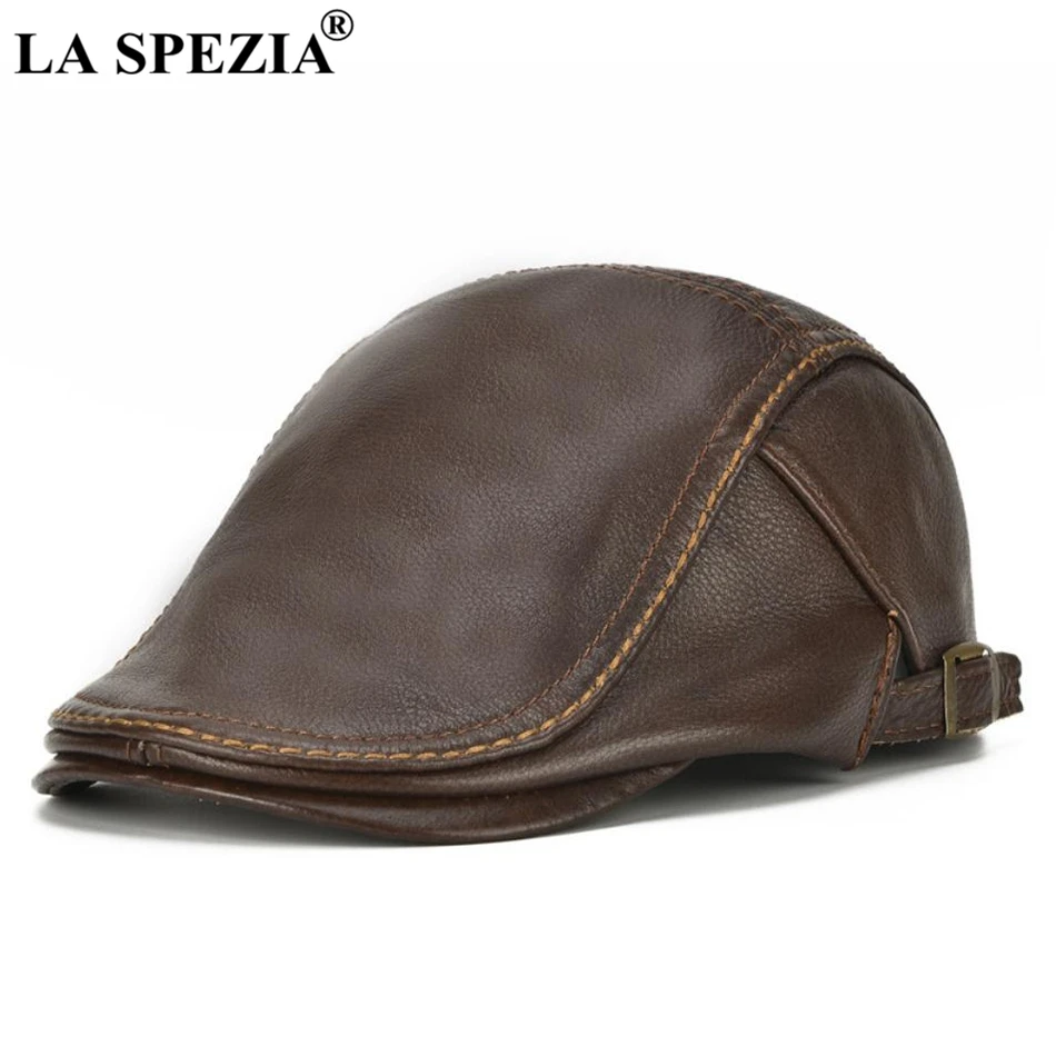 

LA SPEZIA Autumn Winter Flat Caps For Men Brown Adjustable Duckbill Hats Male Real Cowhide Leather Classic High-End Driving Caps