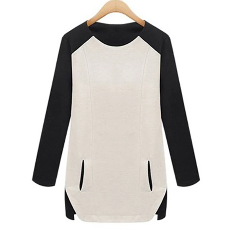 Панелями Oversize хлопок Camiseta Mujer карманов Longue Manche Femme Топ сорочка Лоскутная