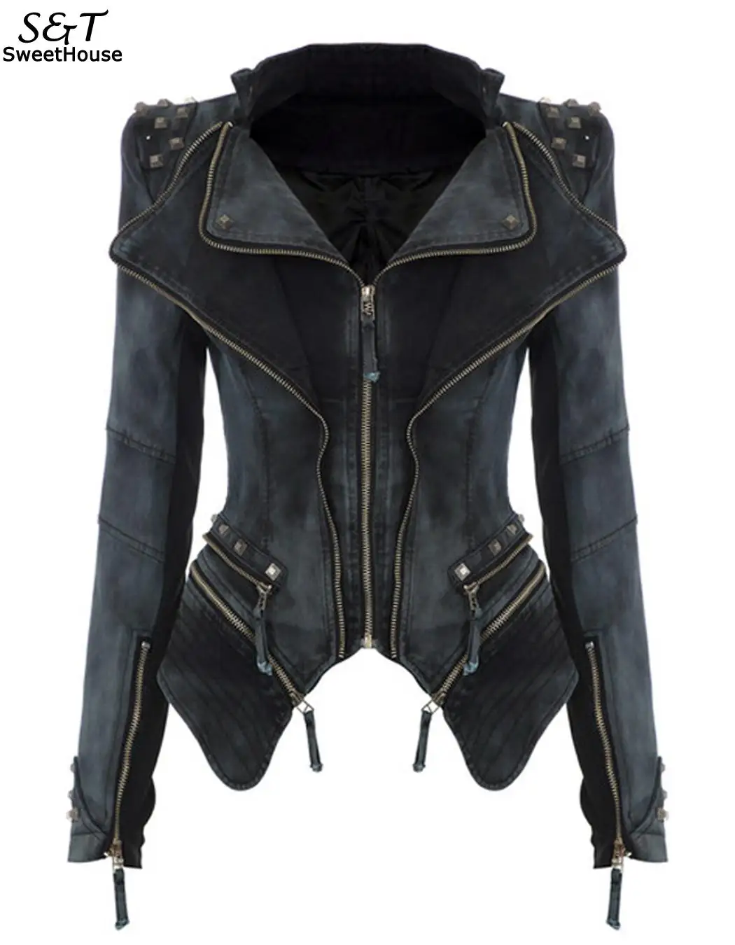Black FANALA куртка для женщин пальто мощное острое шипованное плечо Veste Femme зубчатый лацкан джинсовая куртка, смокинг пальто куртки - Цвет: Black