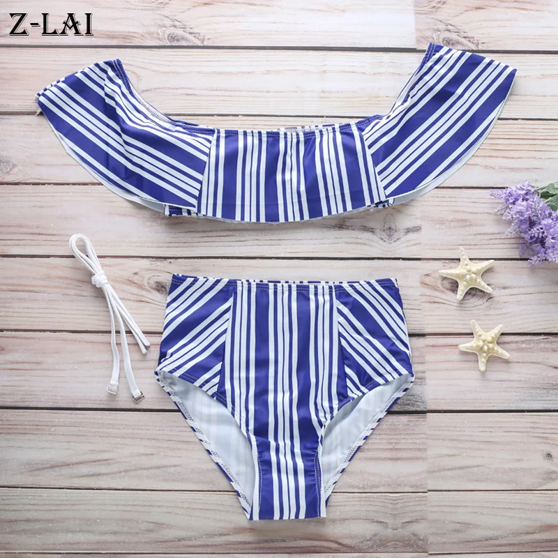 Z-LAI бикини в полоску с оборками и высокой талией женский сексуальный купальник