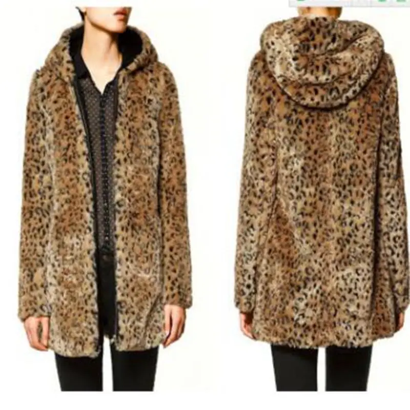 

new Autumn Winter Fashion Hooded Sexy Leopard Faux Fur Women Imitation Fur Coat Medium Long Faux Fur Parkas Outerwear