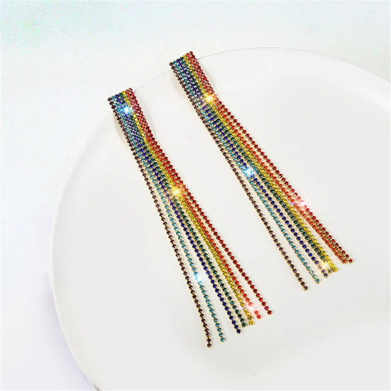 Colorful FYUAN, разноцветные радужные Кристальные серьги для женщин, новинка, бижутерия, длинные кисточки, стразы, висячие серьги, вечерние ювелирные изделия, аксессуары - Окраска металла: Colorful