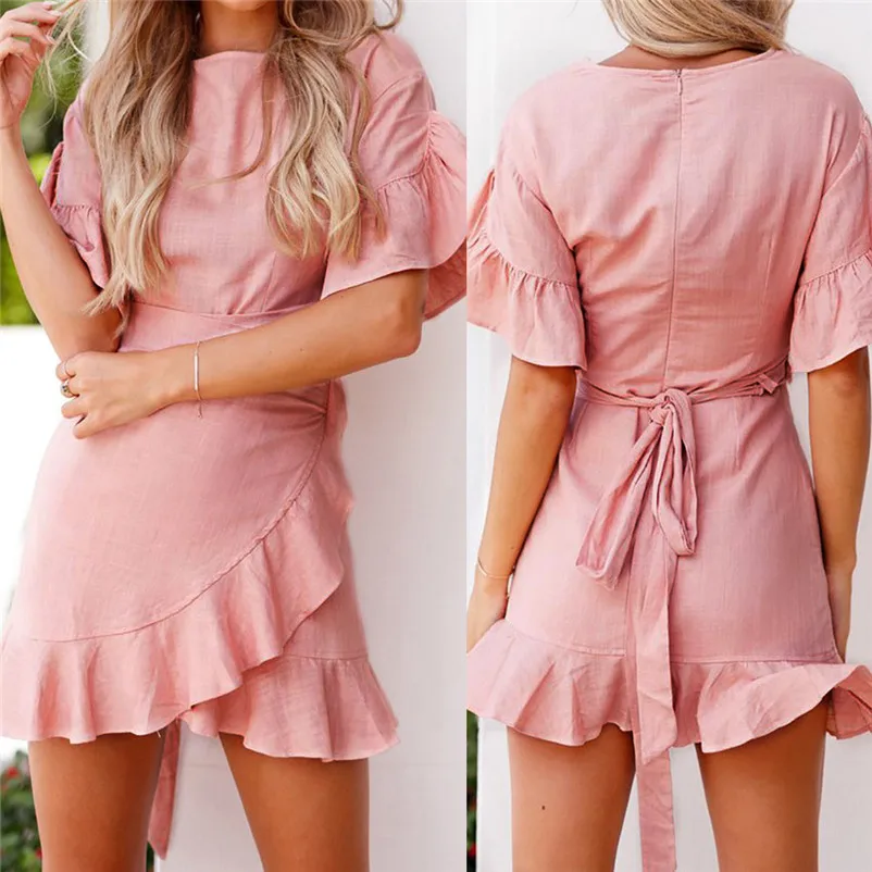 Горячая Распродажа модное летнее платье 2018 пляжное женское с коротким рукавом